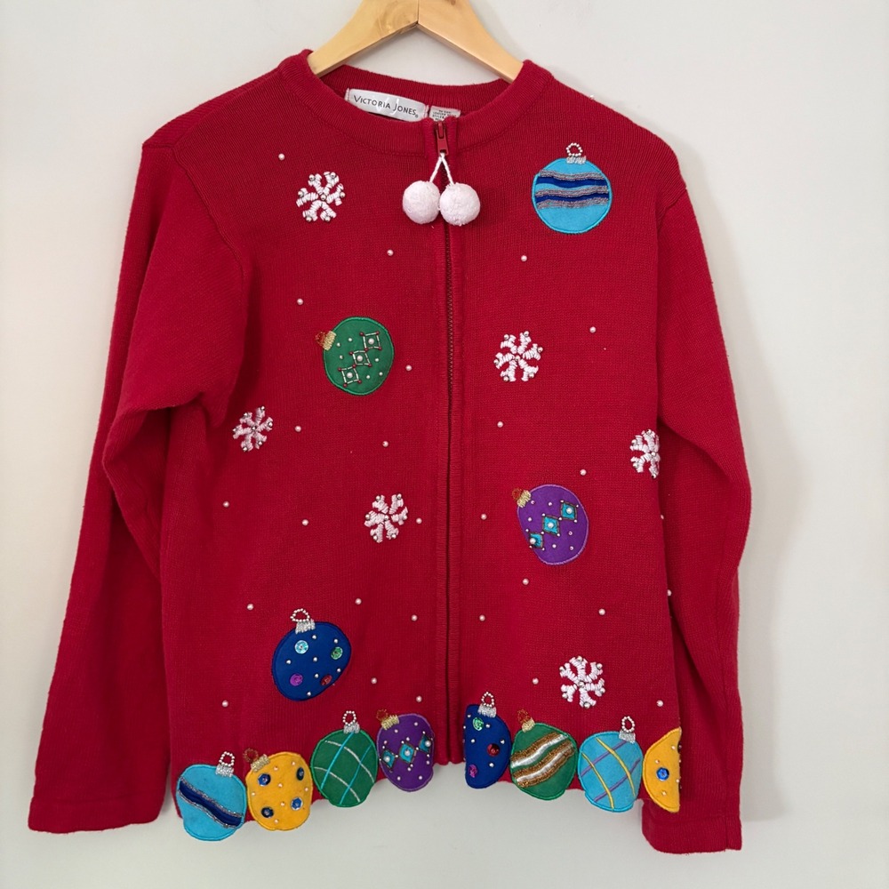 Victoria Jones Christmas Ornament Cardigan Sweater Red Embellished Medium